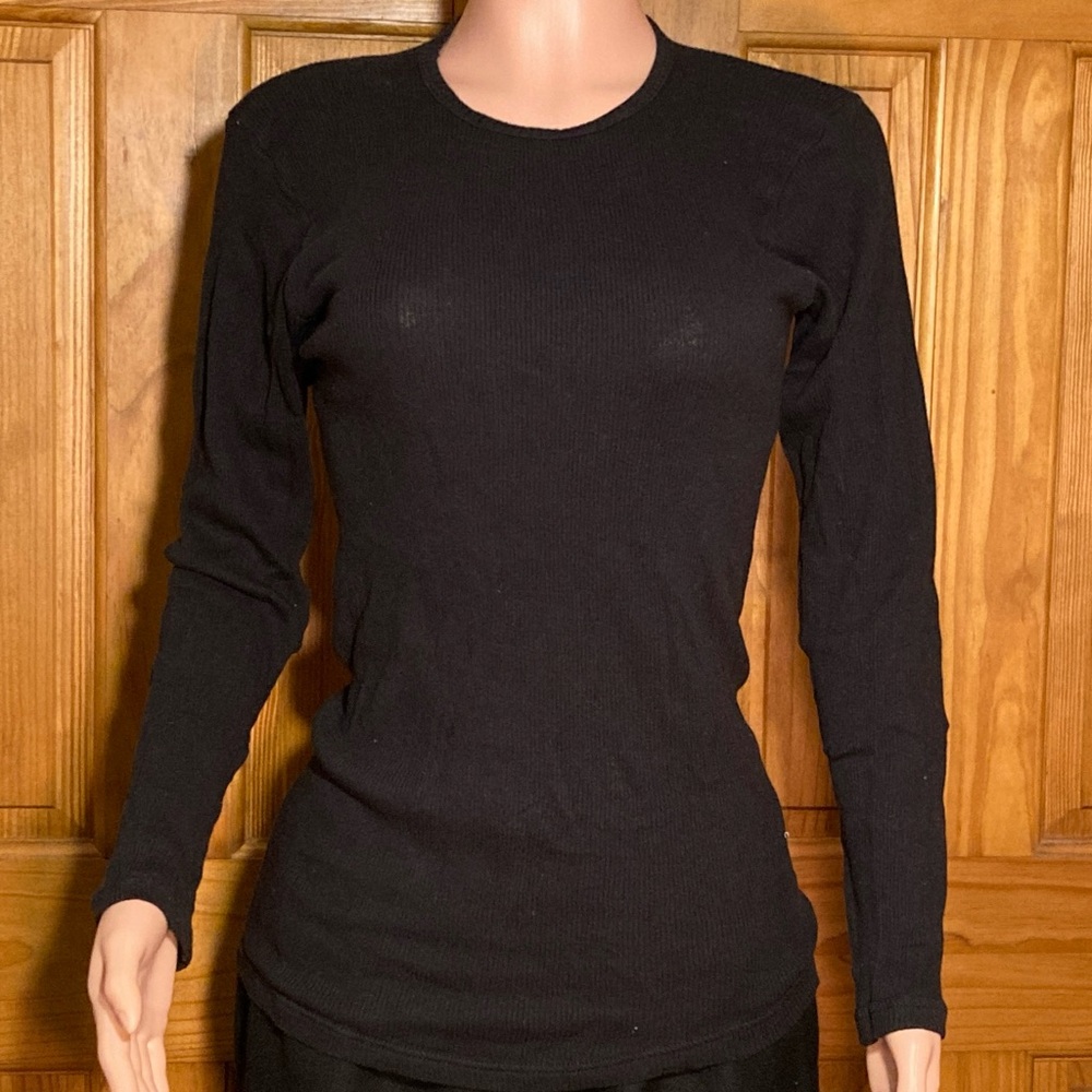 NWOT Hanes Her Way Vintage 90s Top Stretch Long Sleeve Blouse Black Size L